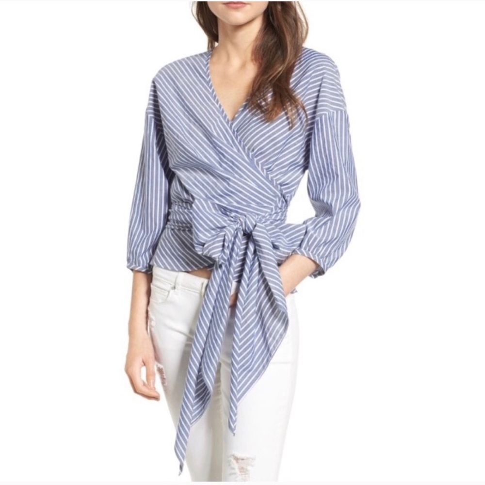Wayf blue and white pinstripe blouse.